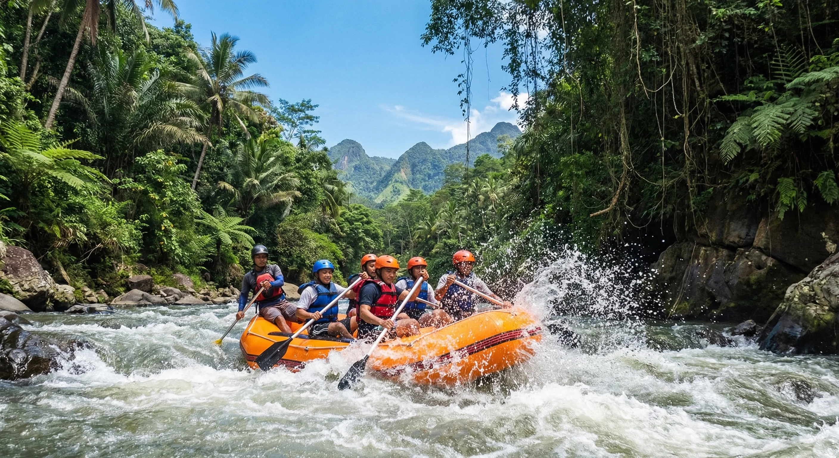Arung jeram di sungai Indonesia